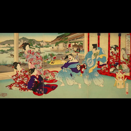 東洲勝月 舊風俗萬歳春之賑ひ 三枚続/TOSHU SHOGETSU