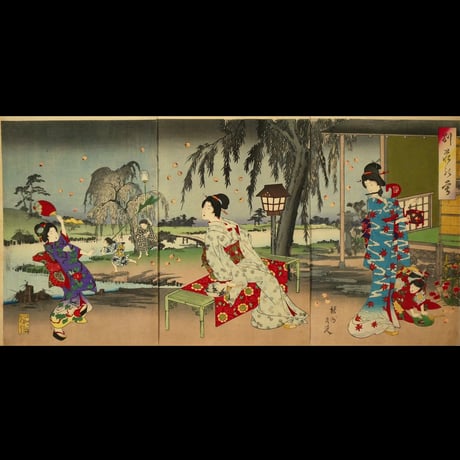 楊洲周延 別荘乃蛍 三枚続/CHIKANOBU