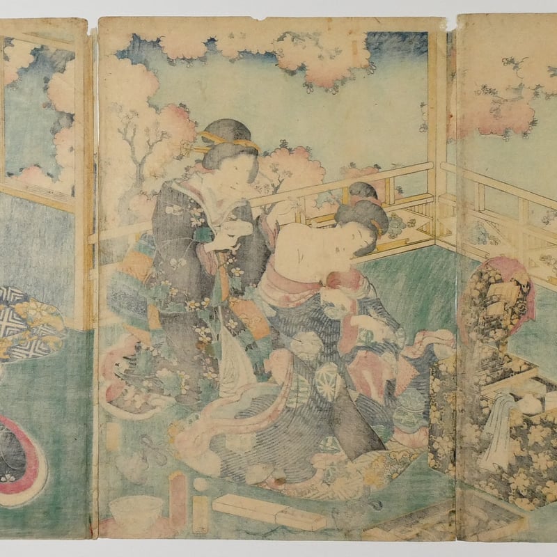 二代歌川国貞 江戸紫源氏模様 三枚続/UTAGAWA KUNISADA II