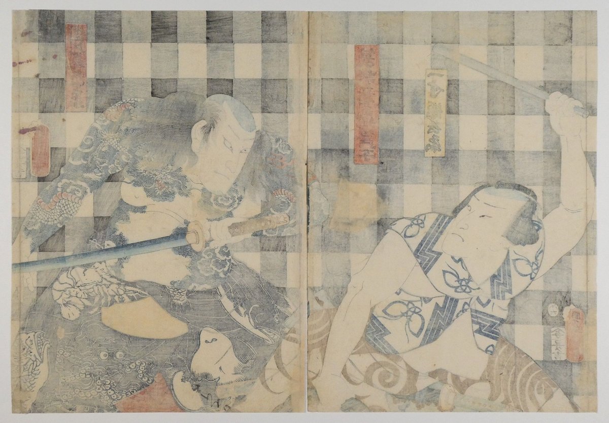 夏の夜・相撲 ｟歌川豊国｠ 古版画 二代豊国 歌川豊国「稲妻雷五郎」アンティーク 古版画