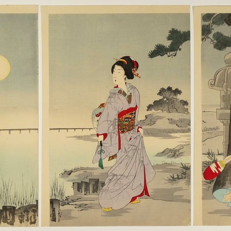 楊洲周延 月下の納涼 三枚続/CHIKANOBU