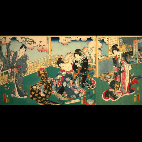 二代歌川国貞 江戸紫源氏模様 三枚続/UTAGAWA KUNISADA II