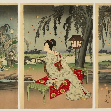 楊洲周延 別荘乃蛍 三枚続/CHIKANOBU