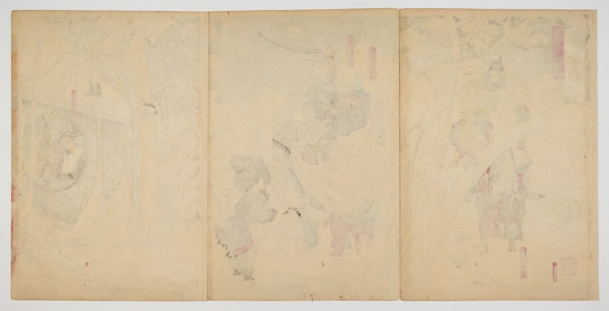 月岡芳年 三国志図会内 玄徳風雪ニ孔明ヲ訪フ 三枚続/TSUKIOKA 月岡芳年 三国志図会内 玄徳風雪ニ孔明ヲ訪フ 三枚続/TSUKIOKA