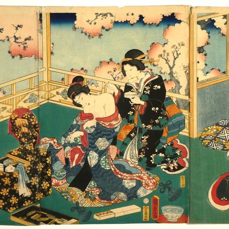 二代歌川国貞 江戸紫源氏模様 三枚続/UTAGAWA KUNISADA II