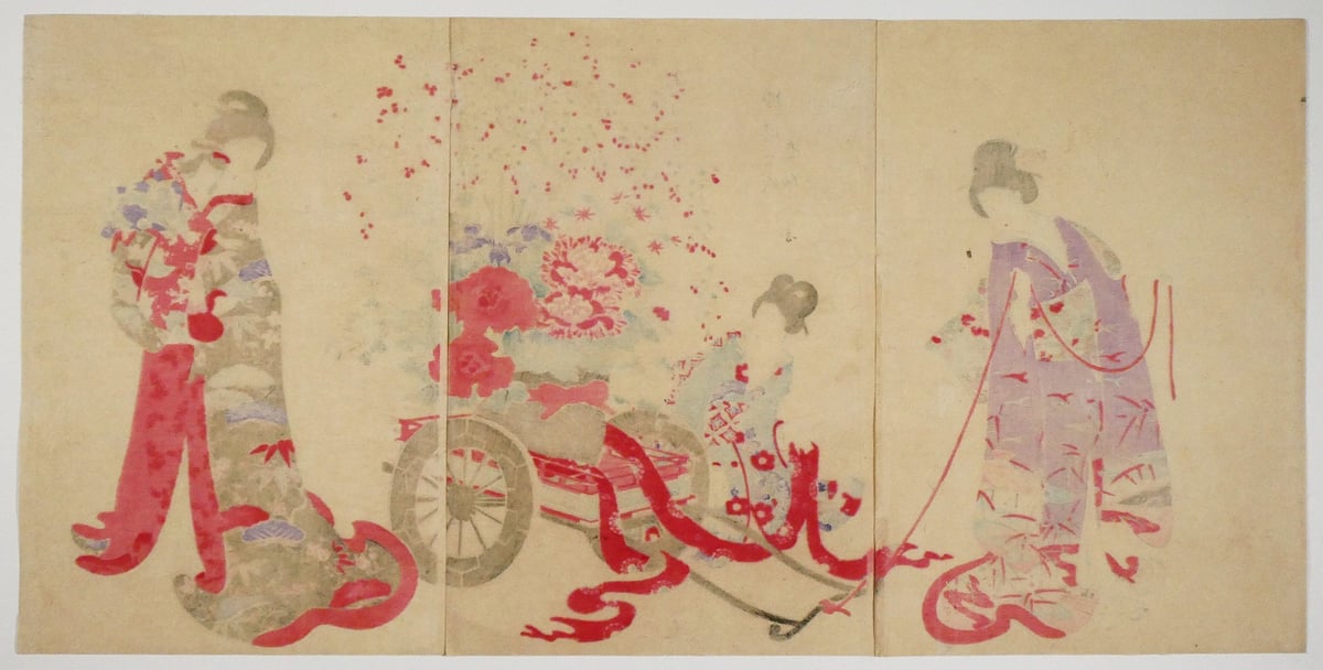 浮世絵　「徳川時代　貴婦人の図　金魚」楊洲周延　３枚続 楊洲周延 徳川時代 貴婦人之図 花車 三枚続/CHIKANOBU | ギャラリー奏美庵