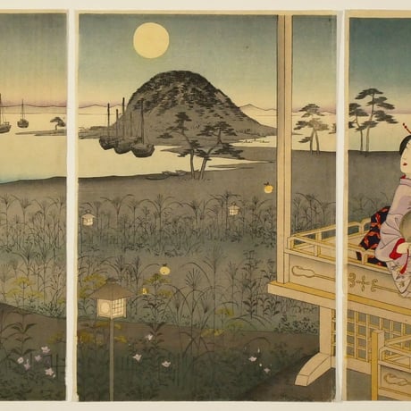 豊原国周・歌川広重 明石の初秋 三枚続/KUNICHIKA・HIROSHIGE