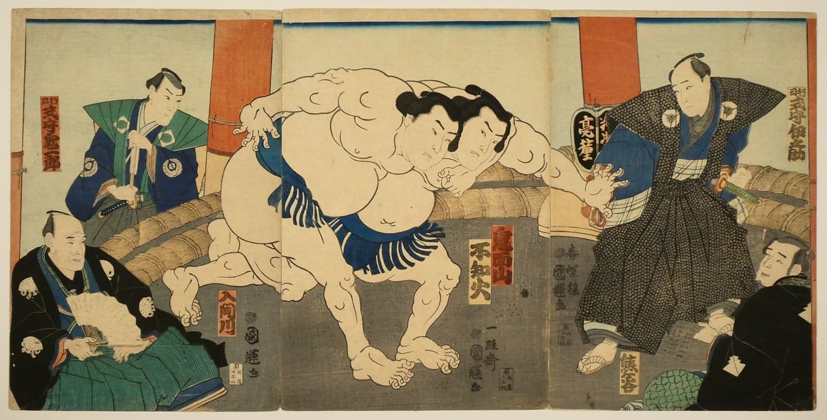 歌川国輝 相撲取組図 鬼面山 不知火 三枚続/UTAGAWA KUNITERU