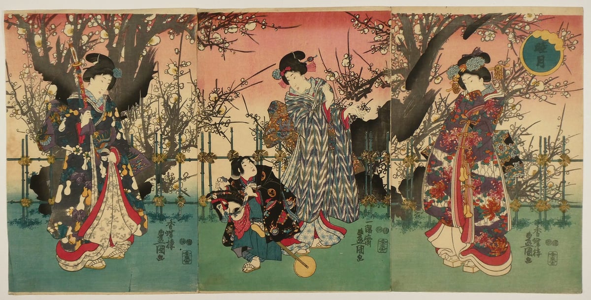 浮世絵、四季之内春御庭乃遊覧三枚綴り、歌川豊国(三代豊国）画