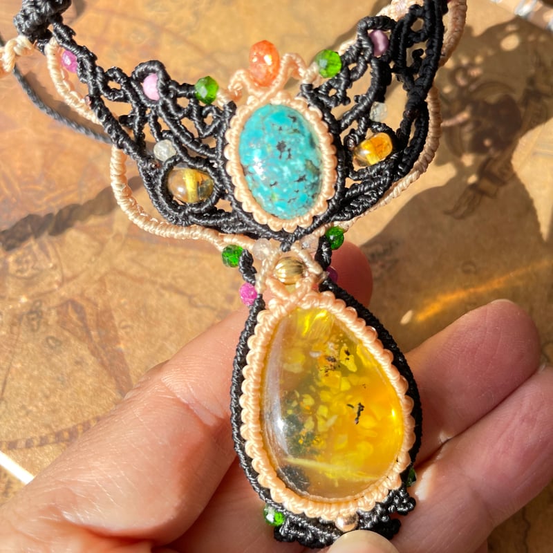 デンドライトイエローオパール×チベタンターコイズ マクラメネックレス  