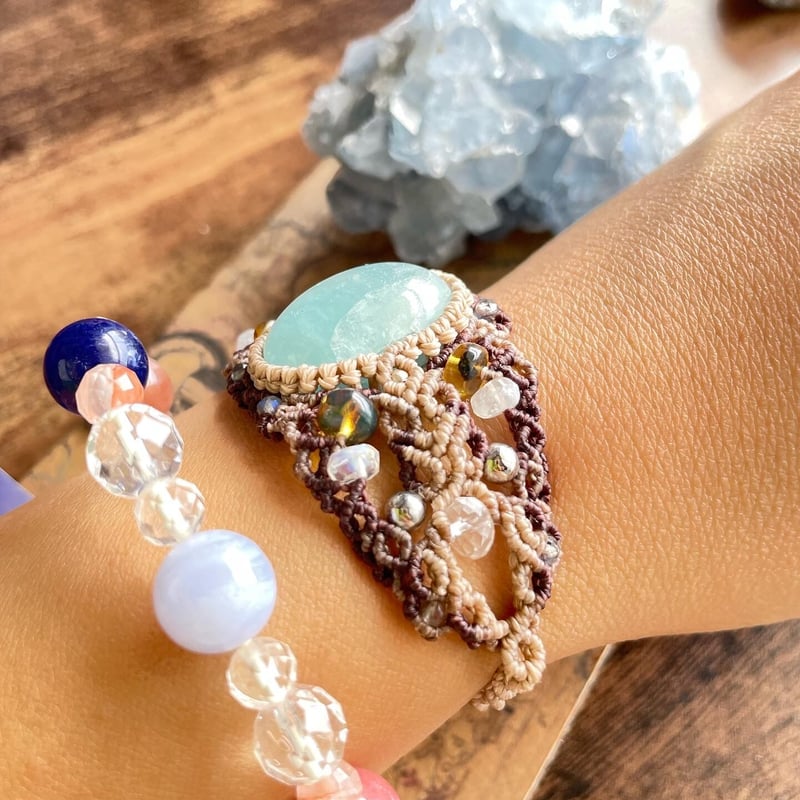 アクアマリンマクラメブレスレット バングル マクラメアクセサリー  