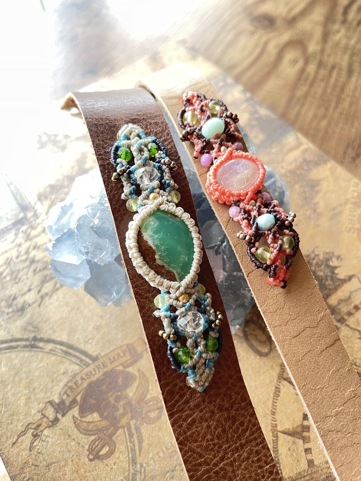 クリソプレーズ マクラメレザーブレスレット 天然石アクセサリー