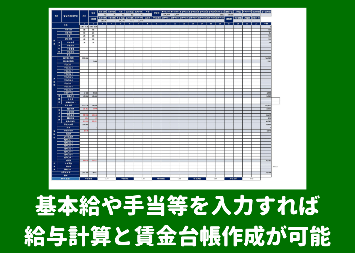 給与・賞与計算、給与・賞与明細、賃金台帳 EXCELテンプレート