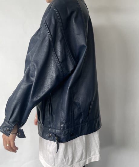 80s single leather jacket 42 navy leather