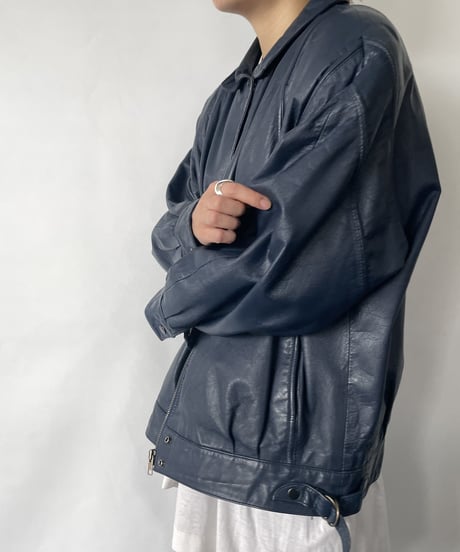 80s single leather jacket 42 navy leather