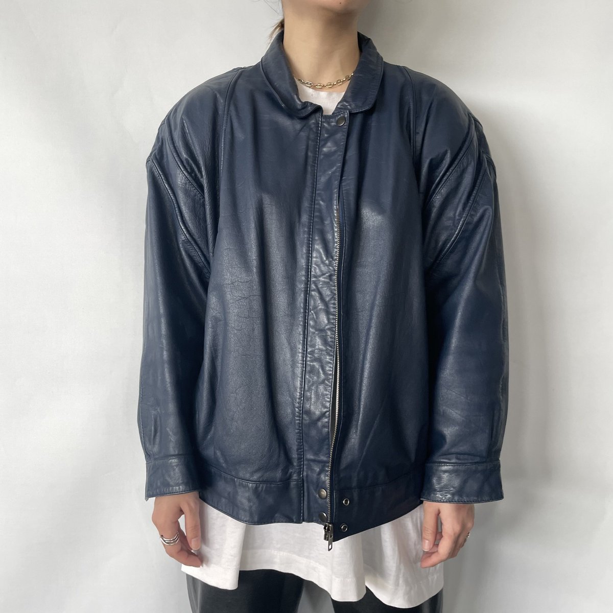 80s single leather jacket 42 navy leather | Clout