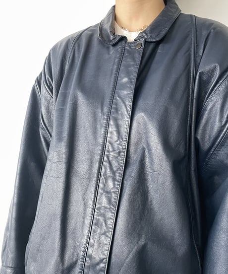 80s single leather jacket 42 navy leather