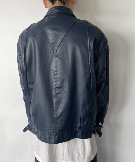80s single leather jacket 42 navy leather