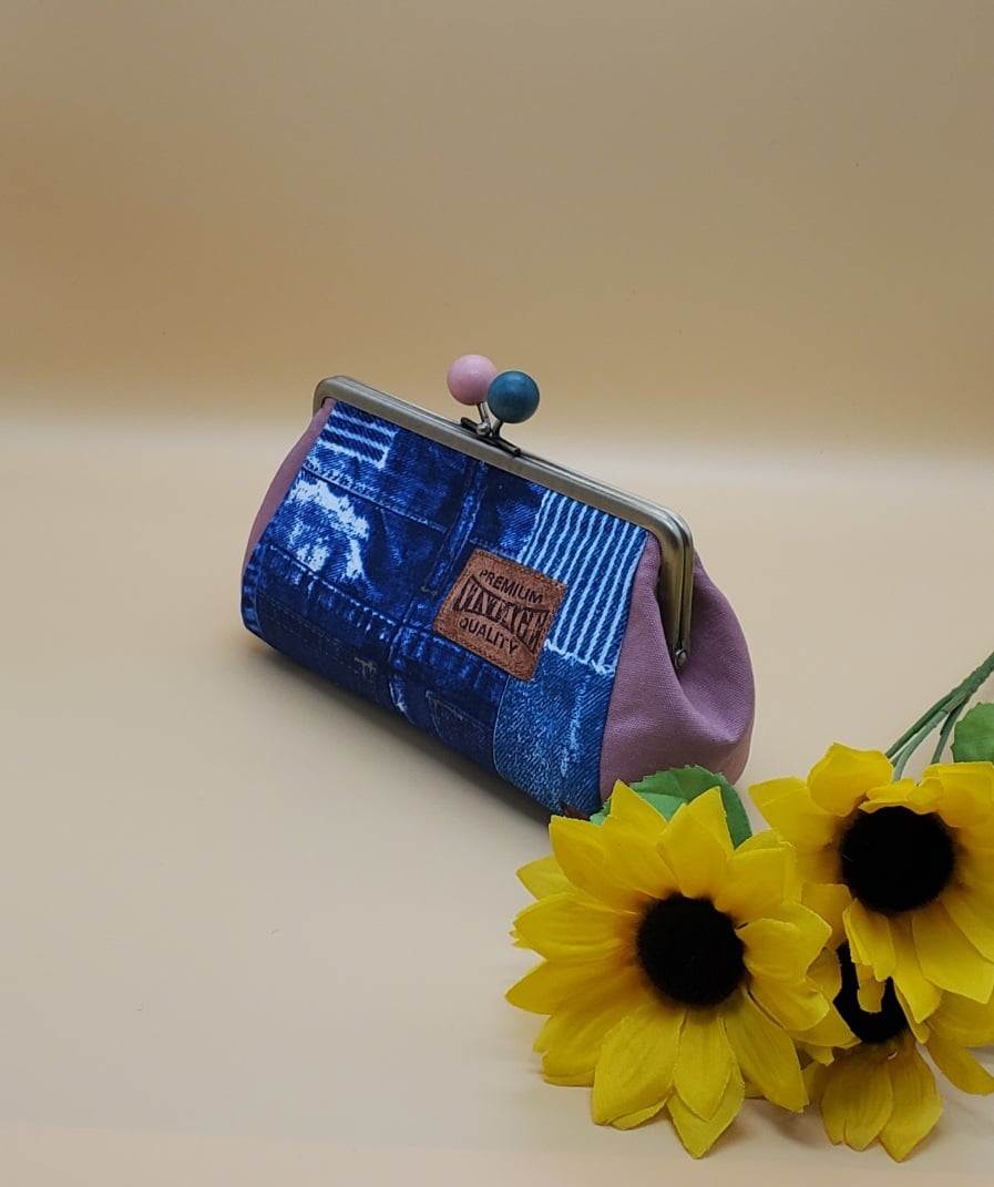 がま口ポーチ【3枚はぎ/デニム柄】 ハンドメイド | Pink-Boo
