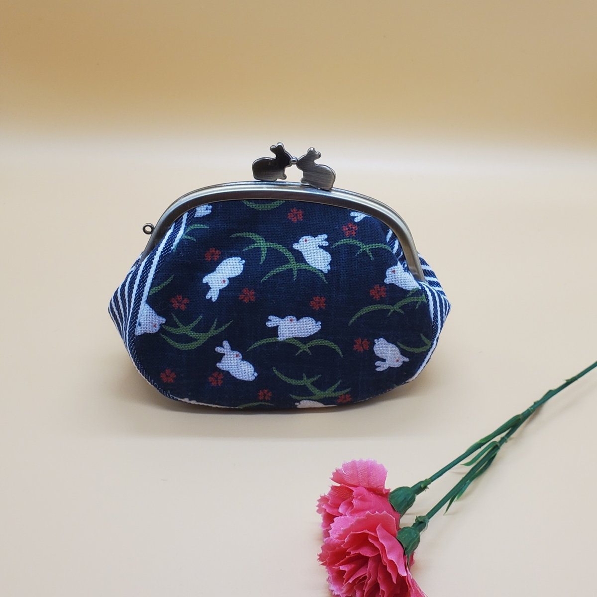 藍染調がま口ポーチ【うさぎ】 ハンドメイド | Pink-Boo 