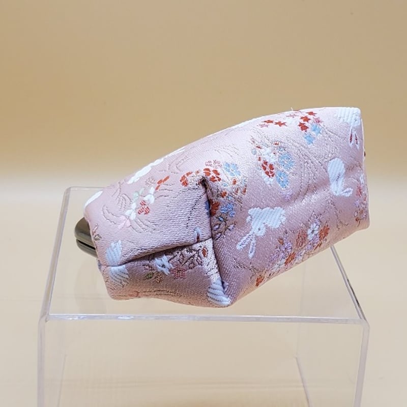 がま口ポーチ 西陣織/金襴【花と白うさぎ】ハンドメイド | Pink-Boo