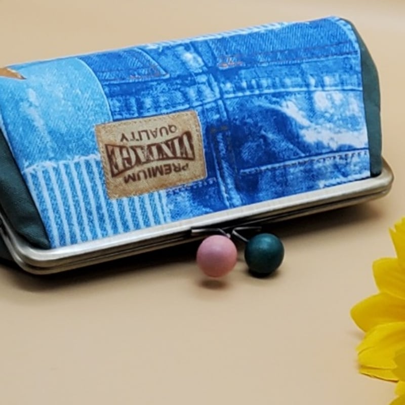 がま口ポーチ【3枚はぎ/デニム柄/baby blue】ハンドメイド | Pink-Boo