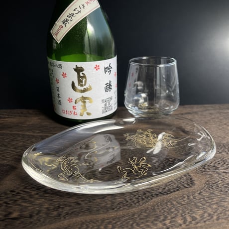 【再販】鳥獣戯画の酒器グラスとガラスプレートのちょい呑みセット③