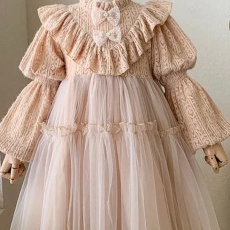 リボンとお袖が可愛い Princess dress pinkbeige 90/110/130裏フリース