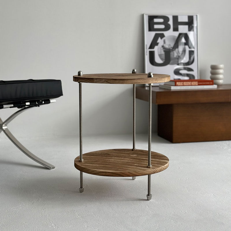 ダークブラウンの2段サイドテーブル table-03097 天然木 ラウンド 2段 ステンレス サイドテーブル
