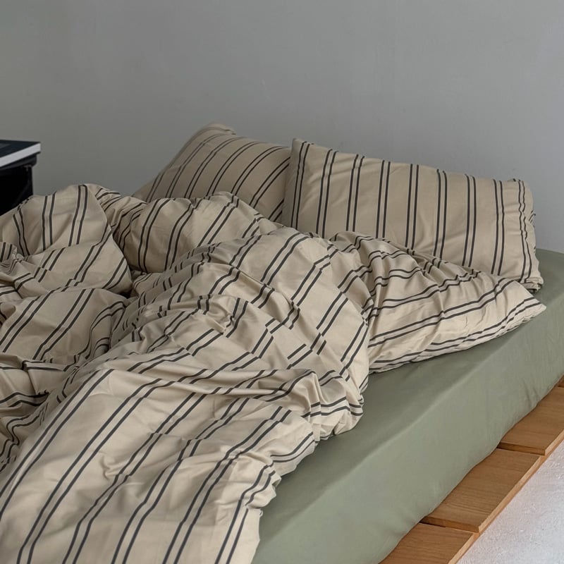 beddingsets-03087 beige×charcoal ダブルストライプ 布団カバー