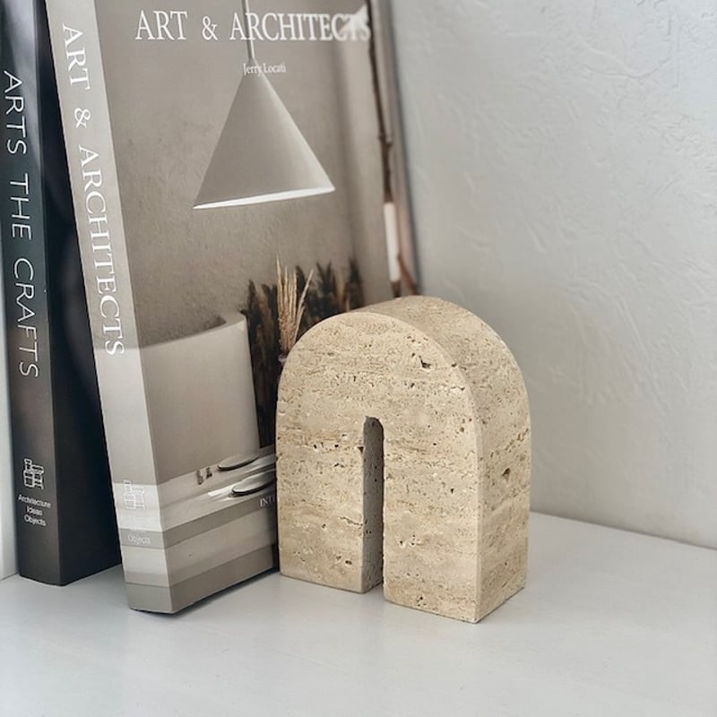 bookend-03012 天然大理石 トラバーチン Arch ブックエンド 1点