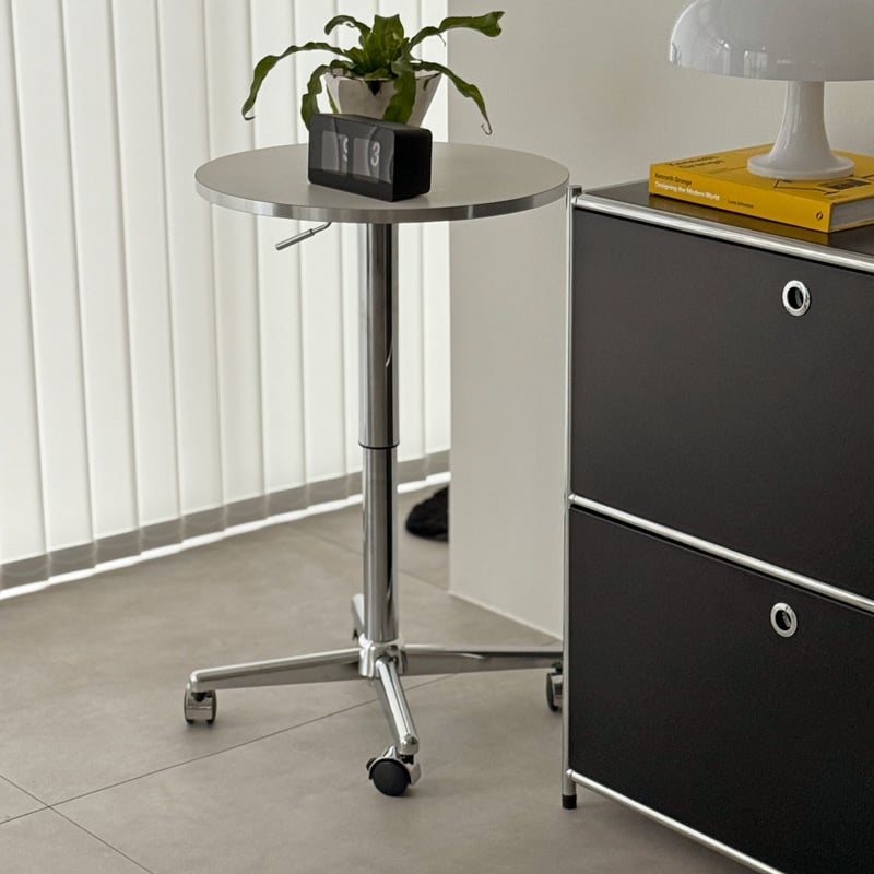 table-03197 昇降式 キャスター付き ラウンドテーブル ホワイト×木口