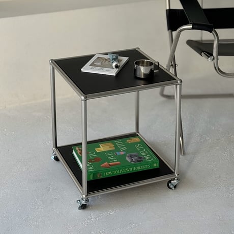 table-03137　ブラック天板 キャスター付き ステンレス モジュール サイドテーブル