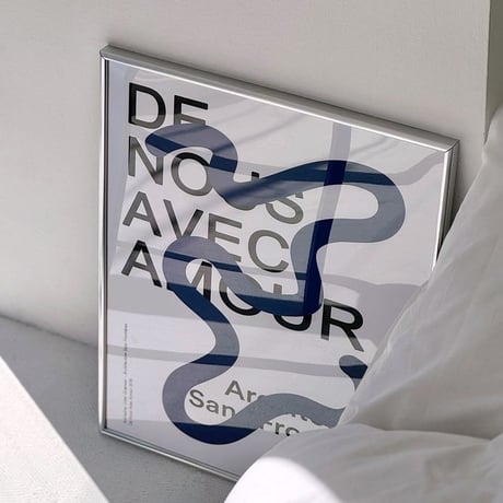 poster-03077　blue curvy line and black text シルバーフレーム アートポスター 50×40cm