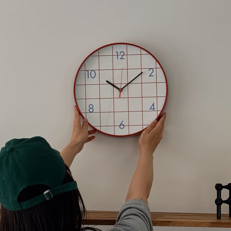 予約販売6月中旬～6月下旬頃発送予定　clock-03105　RED グリッドパターン ラウンド ウォールクロック 掛け時計