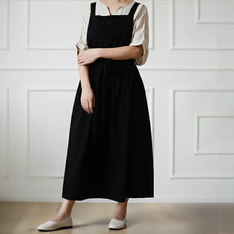 apron-03032　ロング エプロンワンピース ポケット付き コットン 前掛け