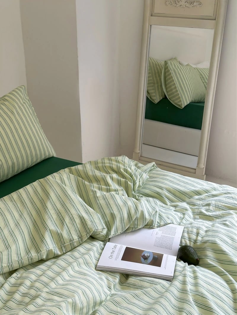 beddingsets-03021 cream×green クラスターストライプ 布団カバーセ