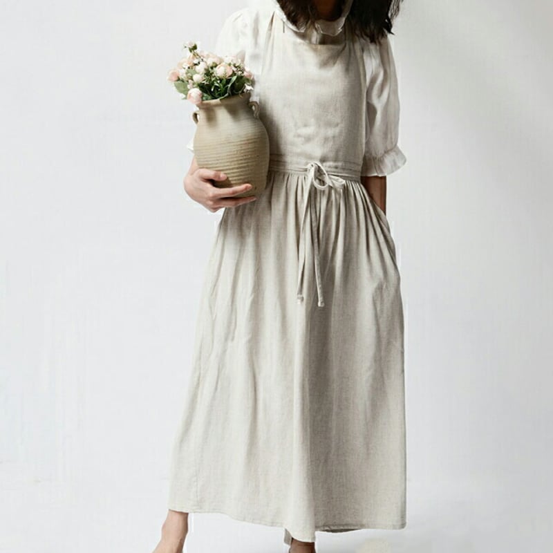 apron-03032 ロング エプロンワンピース ポケット付き コットン 前掛け