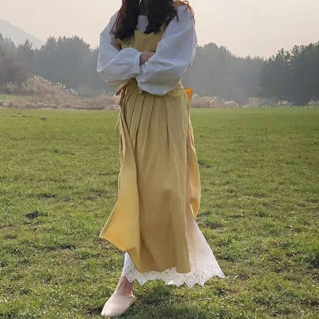 apron-03029　コットン エプロンワンピース 全5色 スリット サイズ調節可能