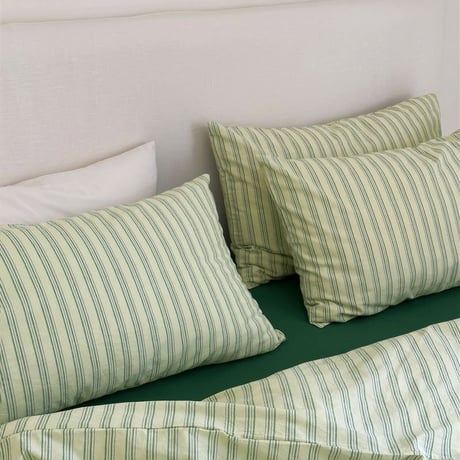 pillowcase-03008　cream×green クラスターストライプ 枕カバー 2枚セット