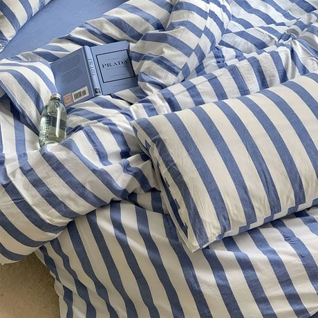 beddingsets-03018　white×blue ロンドンストライプ 布団カバーセット