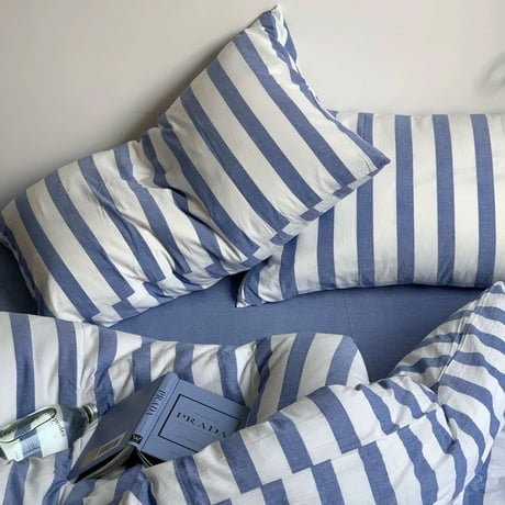 beddingsets-03018　white×blue ロンドンストライプ 布団カバーセット