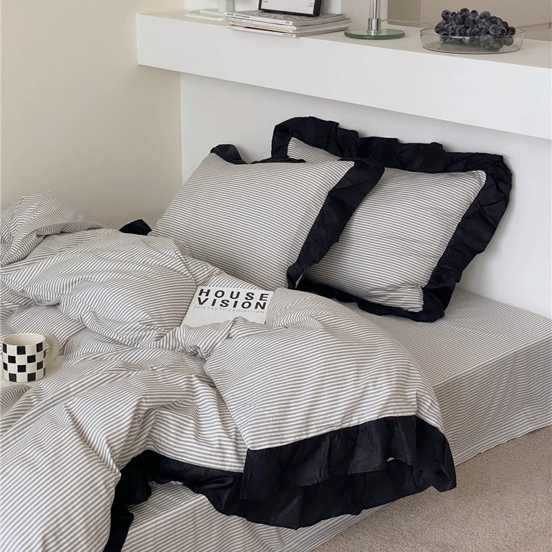 beddingsets-03004 ブラックフリル ホワイト×グレー ロンドン