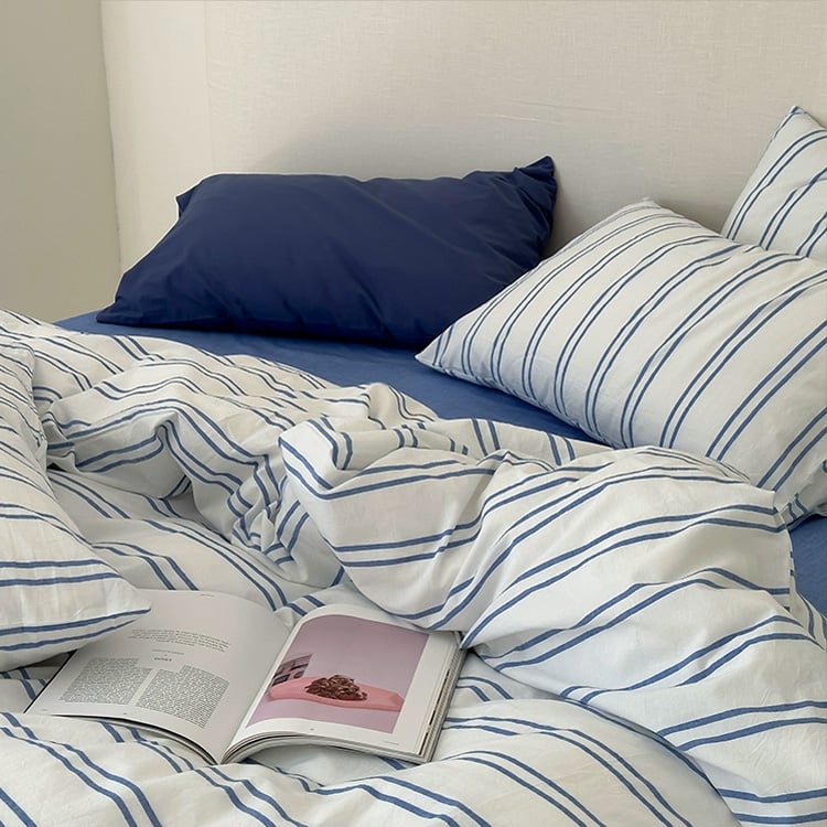 sheet-03006 white×blue ダブルストライプ 掛け布団カバー シングル
