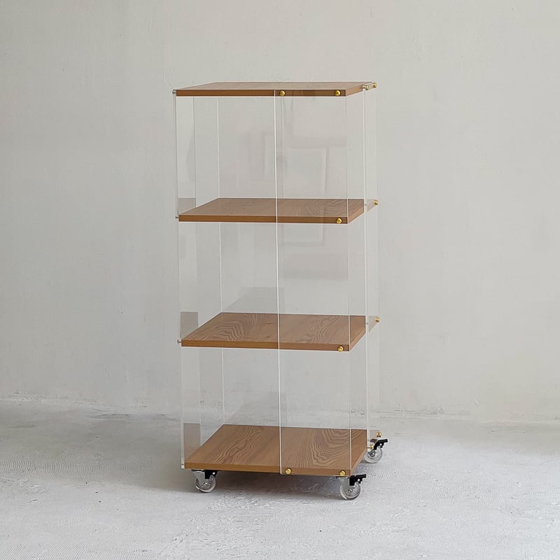 rack-03043 キャスター付き クリア×ウッド 4段 ディスプレイラック