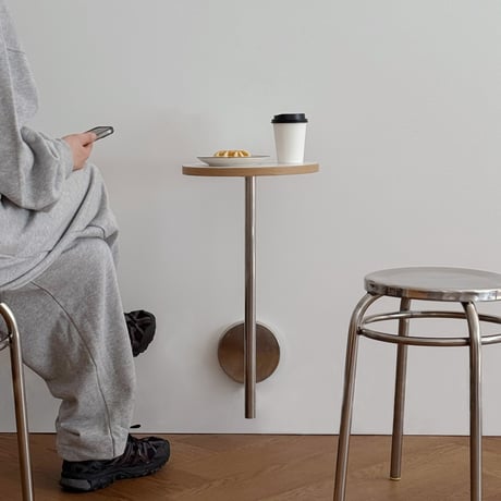 table-03184　L字 壁付け ステンレススタンド ラウンド ミニテーブル 直径30cm