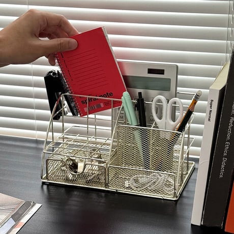 stationery-03063　シャンパンシルバー スチール デスクオーガナイザー
