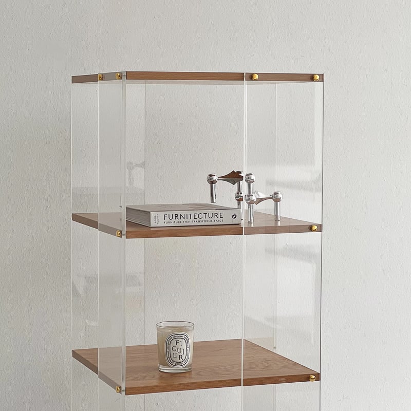 rack-03043 キャスター付き クリア×ウッド 4段 ディスプレイラック