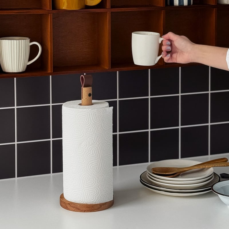kitchen-03034 天然木×ヴィーガンレザー キッチンペーパーホルダー