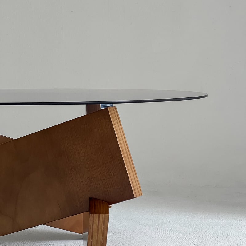 table-03176 ウッドベース ラウンドガラス コーヒーテーブル 70cm